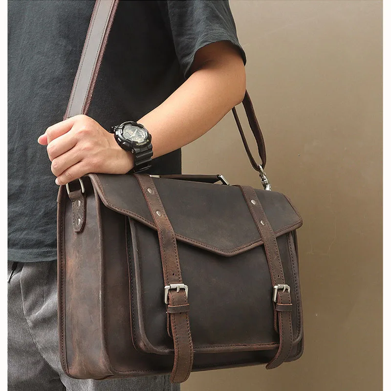 BOLEKE Men's Briefcase Vintage Crazy Horse Genuine Leather Bag Men Briefcases Male Shoulder Laptop Bag Office Handbags For Man