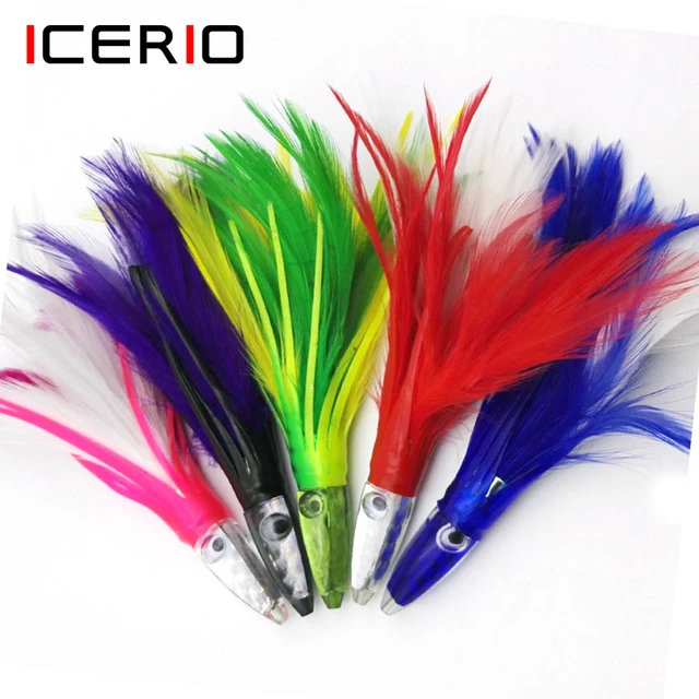 5 Colors Trolling Acrylic / Epoxy Head Feather Octopus Lure Saltwater  Fishing Squids