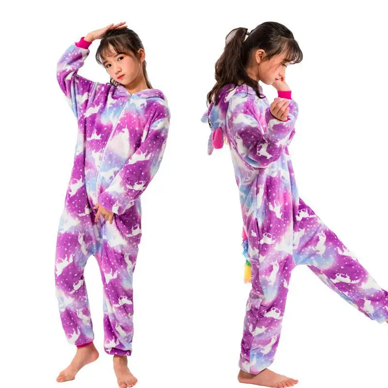 Kigurumi/Детские фланелевые пижамы; детские зимние комбинезоны; одежда для сна для девочек и мальчиков; пижамный комплект с единорогом, Тигром; Пижама с капюшоном - Цвет: Purple Night TianMa