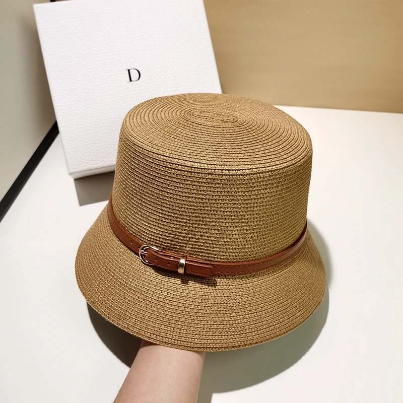 Frauen Sommer Eimer Hut Gürtel Dekoration UV-Schutz Sonnen kappe weibliche flache Strand Hut Sonnen hüte Strohhut Derby Reise – Detail 7