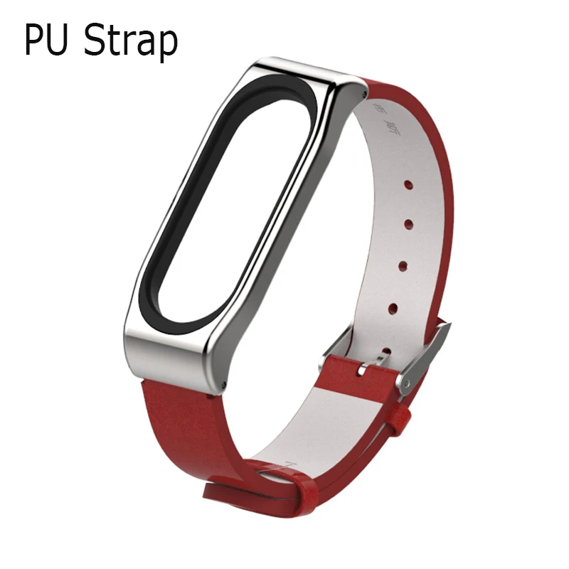 PU Red-silver Ремешок из искусственной кожи для mi Band 4 Smartband браслет для Xiaomi mi Band 4 PU ремешок плюс металлический каркас ремешок для mi Band 4 NFC - Цвет: PU Red-silver