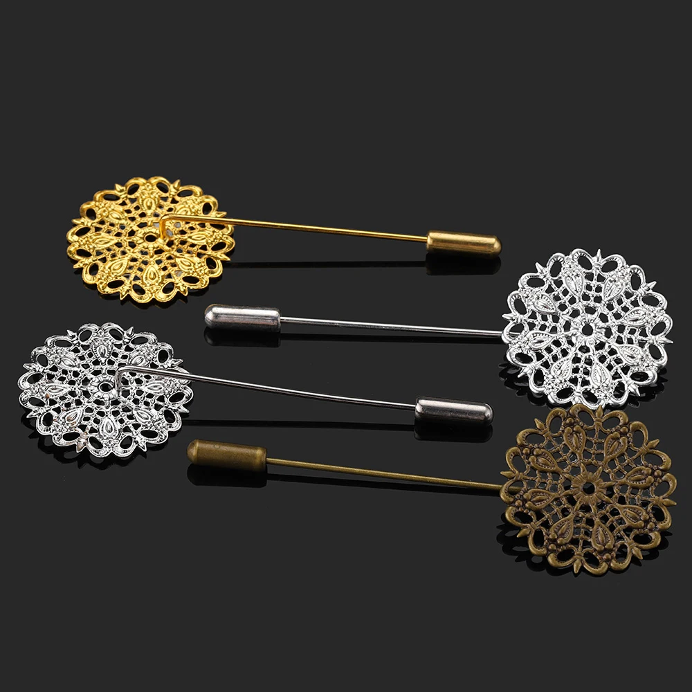 5 stücke 25mm Brosche Filigrane Blume Pin Basis Boutonniere Aushöhlen Stick Basis Einstellung Revers Brosche für Hochzeit schmuck Machen DIY – Detail 6