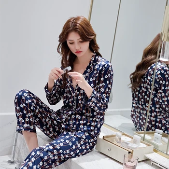 

Sexy pajamas thin long-sleeved ladies pajamas printed Nightgown set fashion casual home service pajamas party gifts bata novia