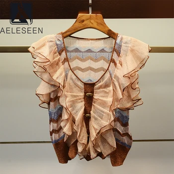 

AELESEEN Runway Fashion Women Blouse Designer New V-Neck Butterfly Sleeve Ruffles Flower Print Party Holiday Knitted Blouse