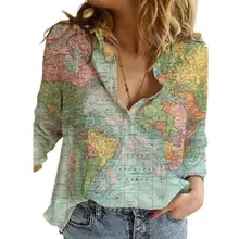 

Trendy Map Printed Women Shirt Turn-down Collar All-matched Skin-friendly Long Sleeve V Neck Casual Shirt Blouse for Daily Life