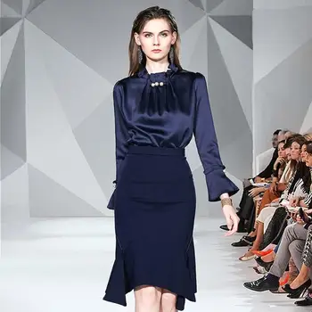 

HAMALIEL Runway Autumn Two Piece Set Women Pearls Flare Sleeve Loose Shirt Tops And Slim Bodycon Ruffles Mermaid Party Skirt Set