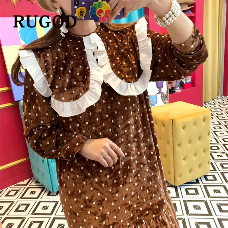 RUGOD, новинка, осеннее платье для женщин, отложной воротник, длинный рукав, Свободное длинное платье, узор в горошек, тягучий край, модное, женское, шикарное
