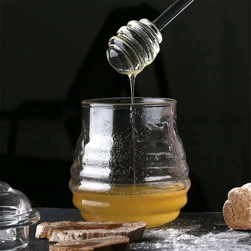 

Honey Pot Jar with Dipper and Lid Borosilicate Glass Beehive Style