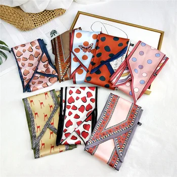 

2020 New Designer Polka Dot Twill Heart Bee Print Skinny Scarf Women Silk Satin Hair Head Wrap Scarfs Handbag Bufanda Mujer