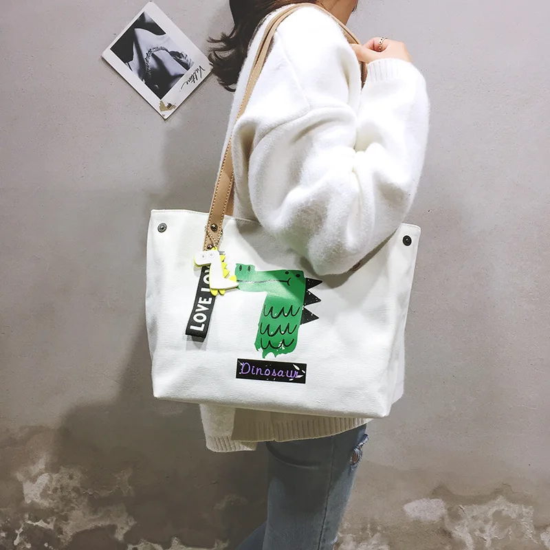 

New Arrival Large Bag Bag Women's 2019 Korean-style Cartoon Cute Dinosaur Canvas Shoulder Large Bag Students bu xi dai Tote Bag