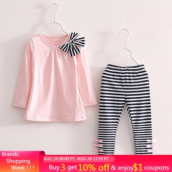 

Beenira Girls Clothing Sets 2020 New Fashion Style Long Sleeve Striped Bow Design T-shirt+Striped Pants For Girls Clothes for3-7