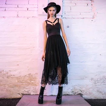 

PUNKRAVE Women's Gothic Strap Decorative Long Dress Daily Casual Summer Lace Sling Dress