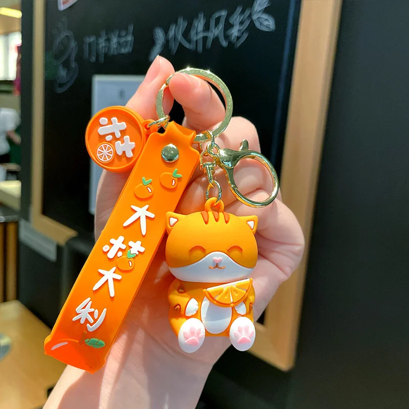 New Cartoon Orange Cat Keychain Cute Good Luck Bag Car Metal Keyring Soft PVC Lanyard Girl Boy Lover Gift 5
