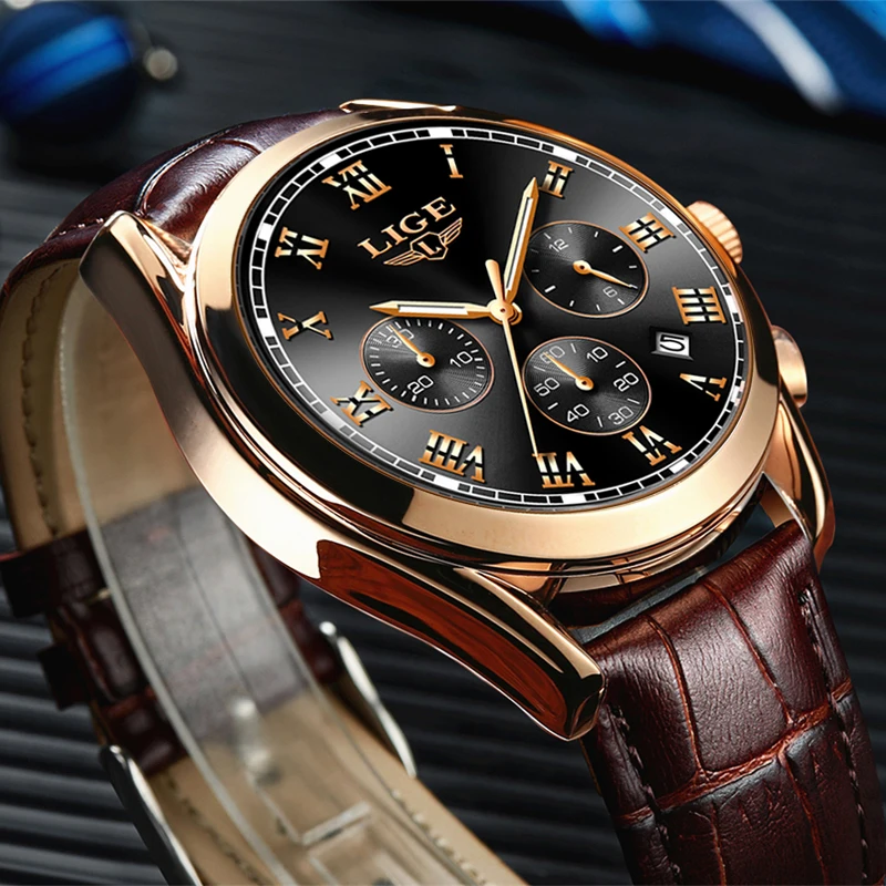 LIGE Mens Watches Top Brand Luxury Mens Fashion Business Waterproof Quartz Watch For