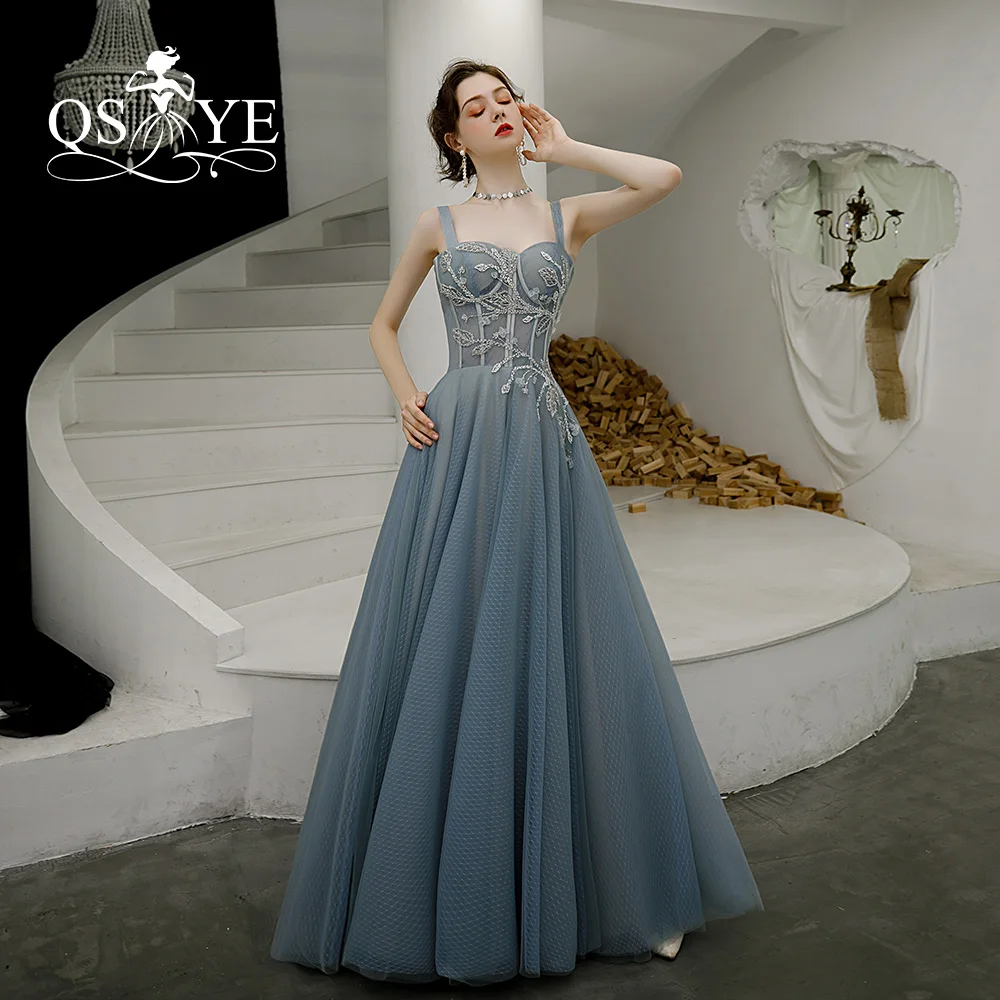 Long Prom Dress Lake Blue Grid Tulle 
