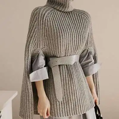 Зимние элегантные женские вязаные свитера с высоким воротом, Повседневный плащ, пуловеры, свободные женские негабаритные накидки