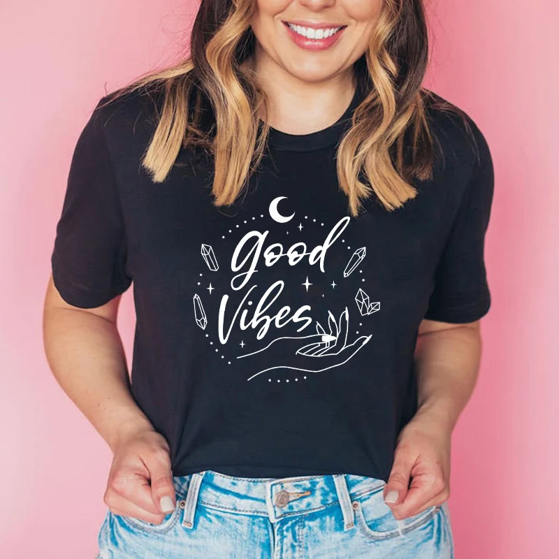 Good Vibes Celestial Moon Print T-shirt Spiritual Women Graphic Witchy Tshirt Clothing Aesthetic Goth Nature Top Tee Shirt