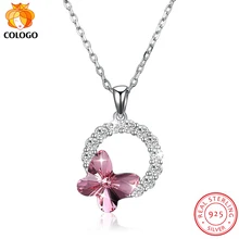 COLOGO Real 925 Plata de Ley deslumbrante cristal mariposa colgante redondo gargantilla Collar para mujer joyería regalos LKN0057(China)