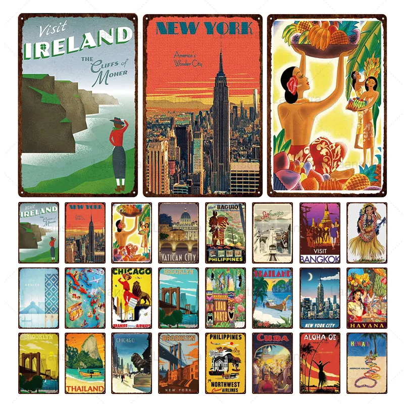 

Metal Iron Sheet Painting Decor Tin Sign Art American City Vatican Landscape Vintage Poster Bar Hotel Home Living Room WallDecor