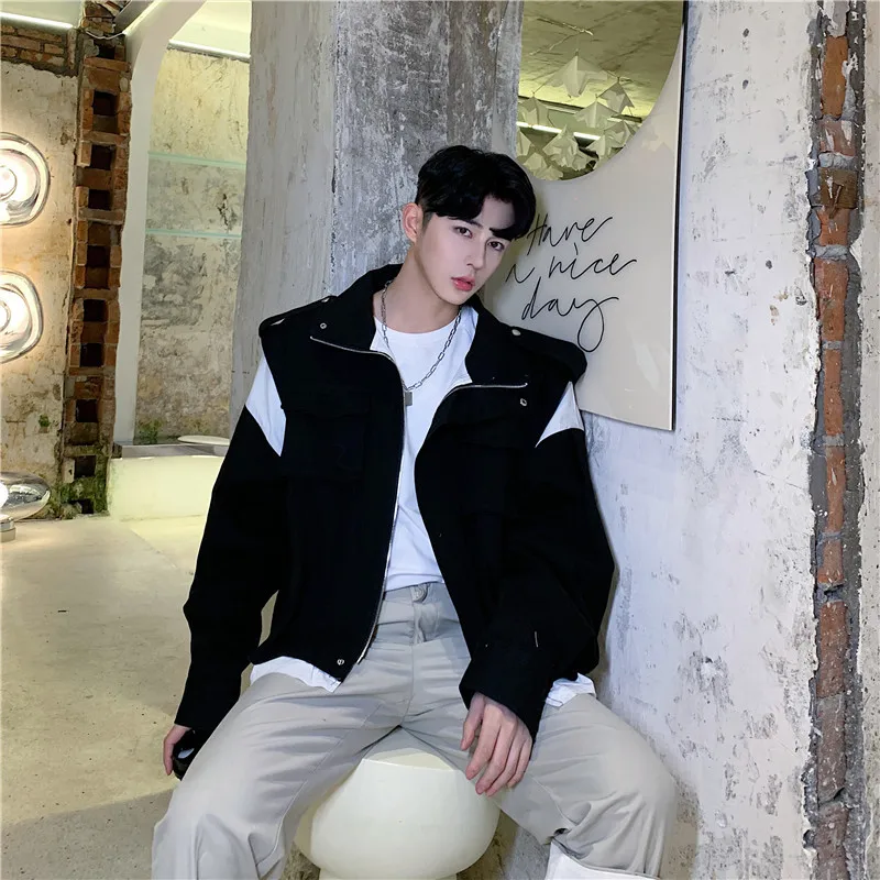 

2020 Spring And Autumn New Youth Pop Niche Design Fake Two Trend Jackets Fashion Casual Loose Lapel Shirt Black M-2XL