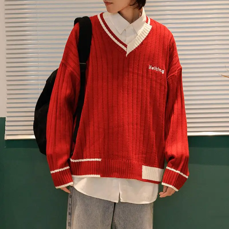 New V-neck Long-sleeved Sweater Male Dongdaemun Casual Loose Sweater Hong Kong Wind Student Bottoming Shirt Sweater - Цвет: Red