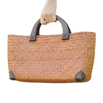 

NEW-Fashion Women Durable Weave Rattan grass Beach Bag Woven Bucket Bag Grass Casual Tote Handbags Rattan Bags