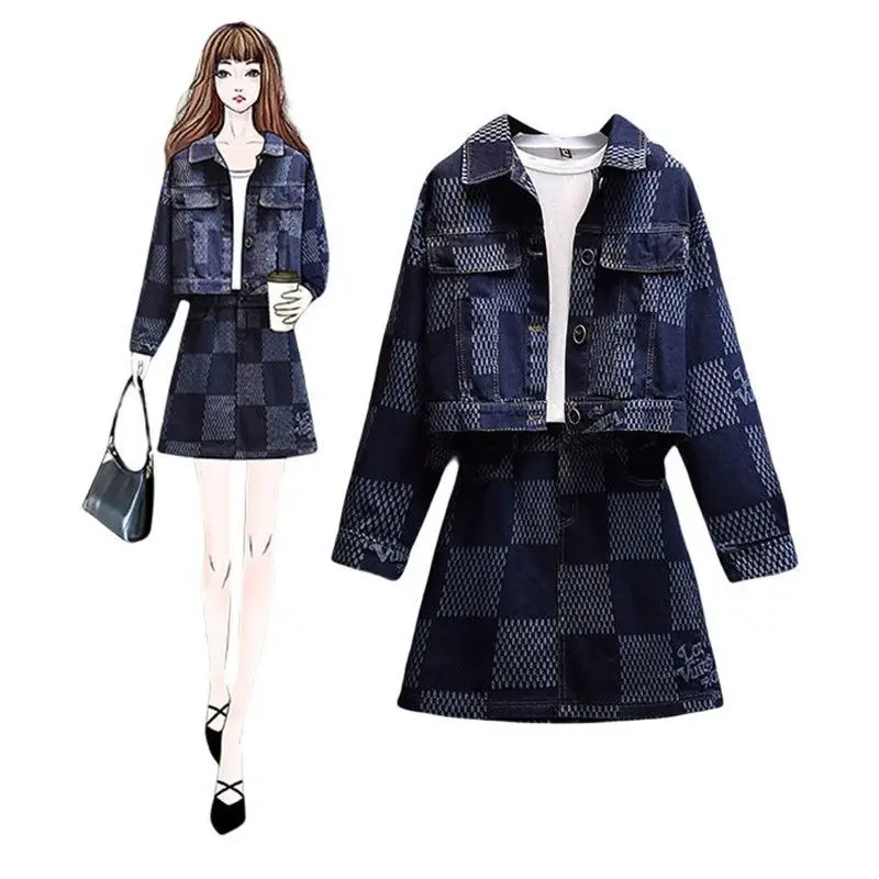 Denim Skirt Suit Two-Piece Set Autumn Plaid Spliced Women's Clothing Ladies Shorts Jacket High Waist Short  Jeans Skirt Outfit new fashion holes ripped jeans women denim harem pants loose ankle length pants boyfriends for woman ladies skinny jeans d14