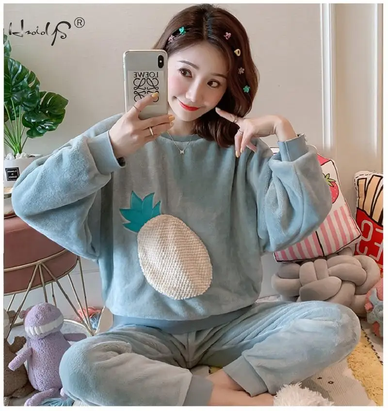 Pineapple Новое поступление, Фланелевая пижама, набор, женская пижама, толстая, милая Овечка, женский теплый зимний пижамный комплект, длинный рукав, два предмета, домашняя одежда - Цвет: Pineapple
