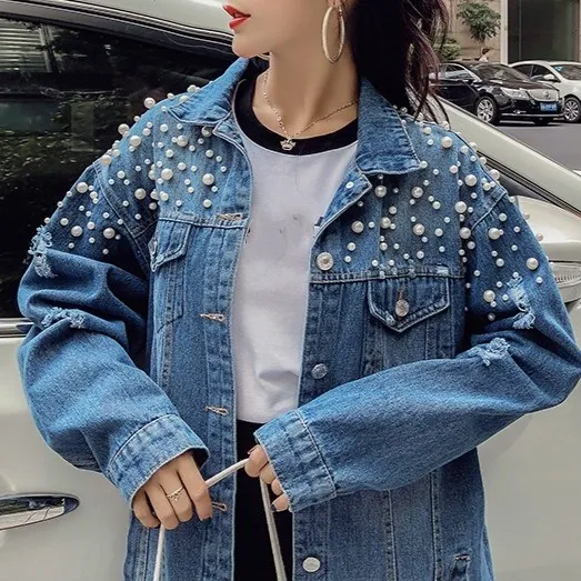 

Women Streetwear Fashion Long Denim Jacket Pearls Hole Vintage Loose Blue Jacket Solid Turn-Down Collar Long Sleeve Coats