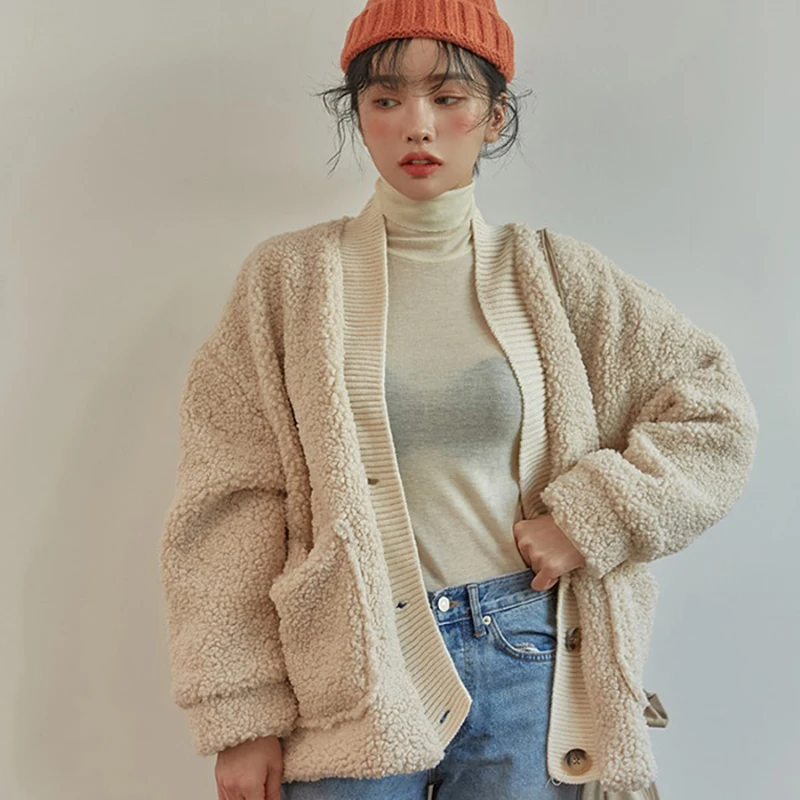 Neploe Lambswool Лоскутная утепленная куртка зимняя с длинным рукавом с v-образным вырезом модная верхняя одежда свободная теплая однобортная Женская куртка 55091 - Цвет: light khaki