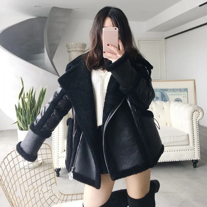 Luxury Shearling Short Coat Female Winter Black Real Leather Down Jacket 2020 New Warm Motorcycle Lamb Fur Outerwear | Женская одежда