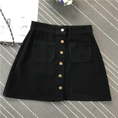 Летняя Новинка Высокая талия школьницы однобортный большой карман для похудения многофункциональная сумка бедра трапециевидная джинсовая юбка - Цвет: Black