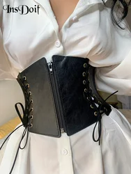 InsDoit Gothic Clothes Corset Sexy Underbust Faux Leather Zipper Bandage PU Cummerbund Women Streetwear Aesthetic Waist Shaper