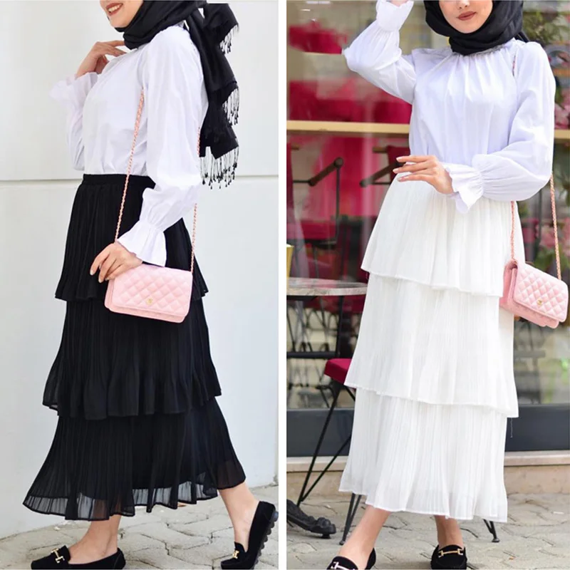 High Waist Multi-layer Cake Skirt Women Ankle-length Sweet Pleated Skirts Ladies solid Color Elegant Fashion Islamic Cothing