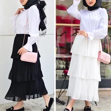 High Waist Multi-layer Cake Skirt Women Ankle-length Sweet Pleated Skirts Ladies solid Color Elegant Fashion Islamic Cothing
