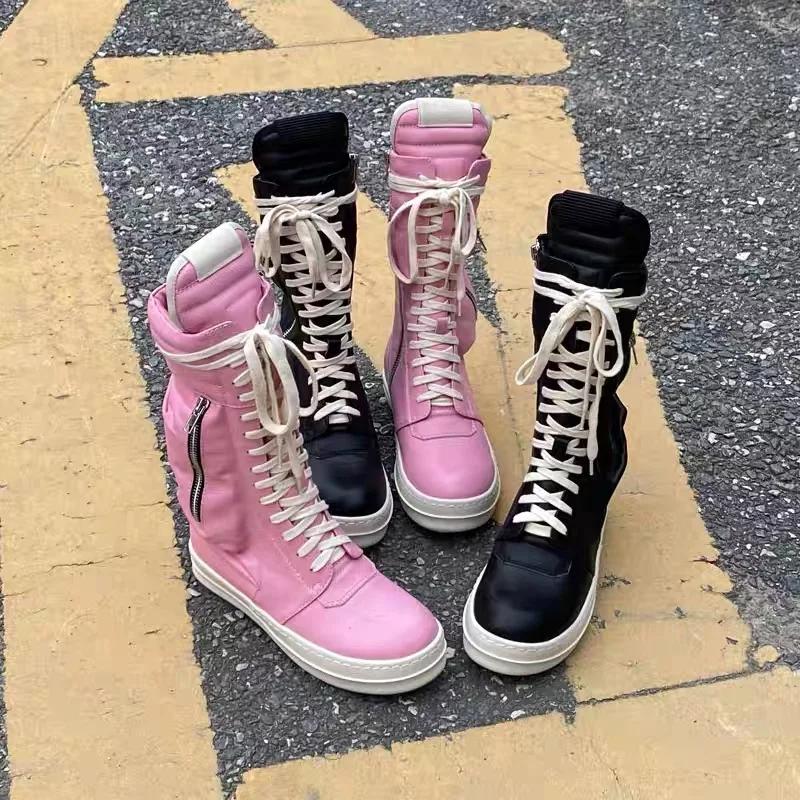 Women Motorcycle Leather Boots Men Luxury Mid-Calf Winter Riding Boots Shoes Casual Zip Flats Black Real Leather Shoes Unisex