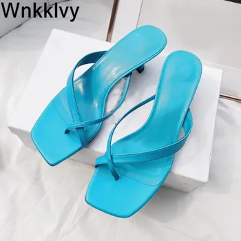 

Chunky high heels flipflops vocation beach slippers clip toe narrow band lazy mules simple sandals summer shoes women 2020