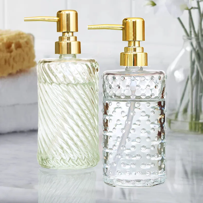 400ml Glass Lotion Hand Sanitizer Bottle Stripe Pump Head Gold Push Body And Soap Liquid Bathroom Storage_voghion.com