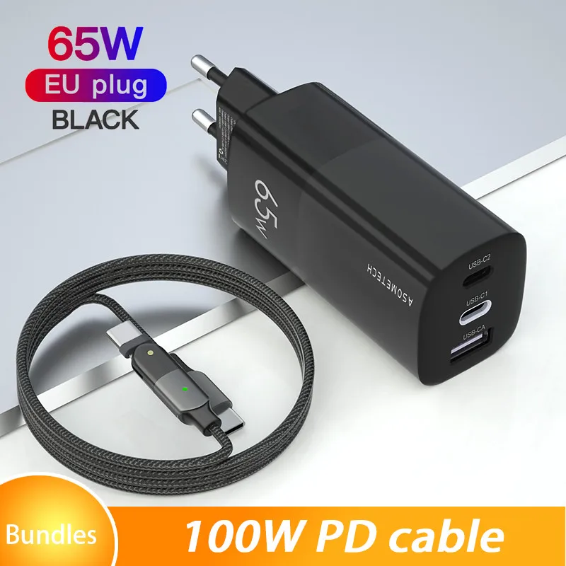 GaN 65W Quick Charger QC3.0 Type C PD Wall Charging Dual USB Charge Fast Charger Adapter For iPhone 11 Xiaomi Laptop Huawei