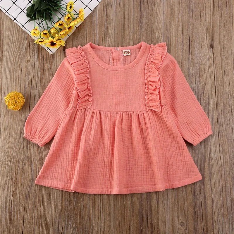 Осеннее милое повседневное однотонное платье Детские платья принцессы с длинными расклешенными рукавами для маленьких девочек z