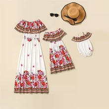 

Off-Shoulder Mother Daughter Macthing Dresses Family Set Flower Mom Baby Mommy and Me Clothes Bohemia Women Girls Cotton Dress