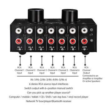 

Passive design Audio Switcher 1pc 6 Input 1 Output Signal Source Selector