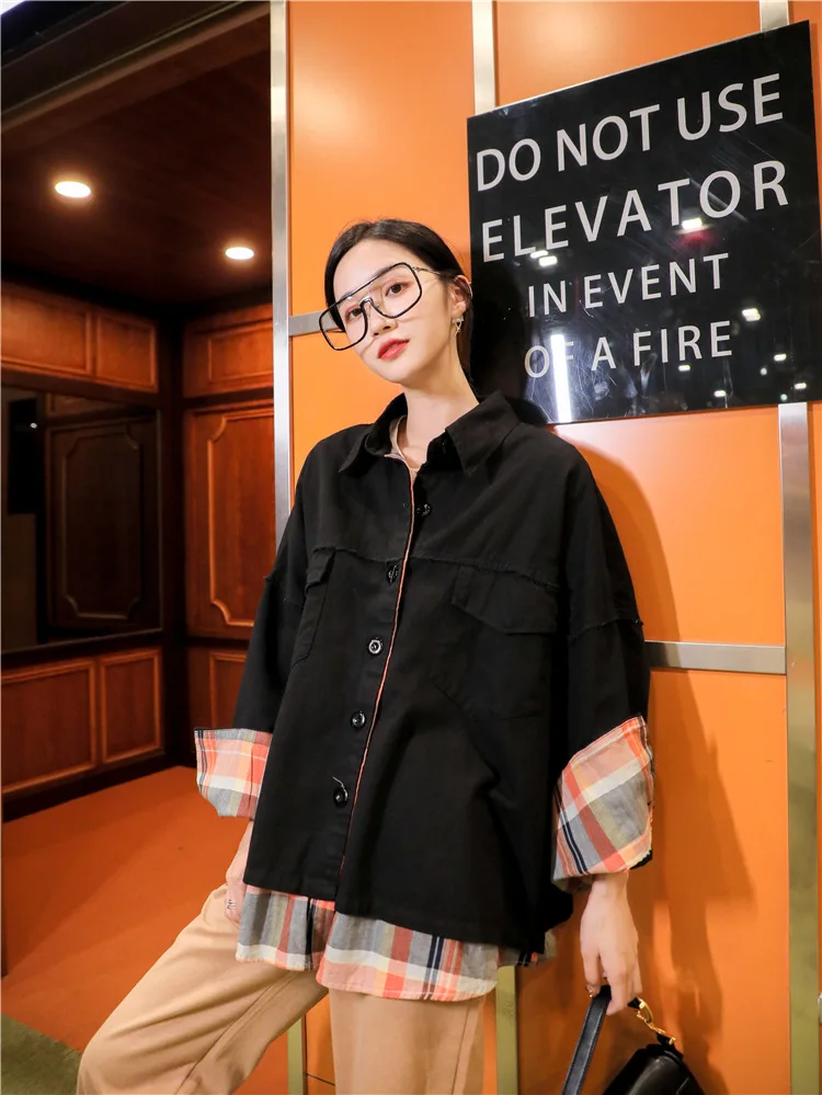 

2019 Autumn New Style Mock Two-Piece Coat Women's Non-mainstream Design Plaid Stitching Casual Short Coat Women's 8081