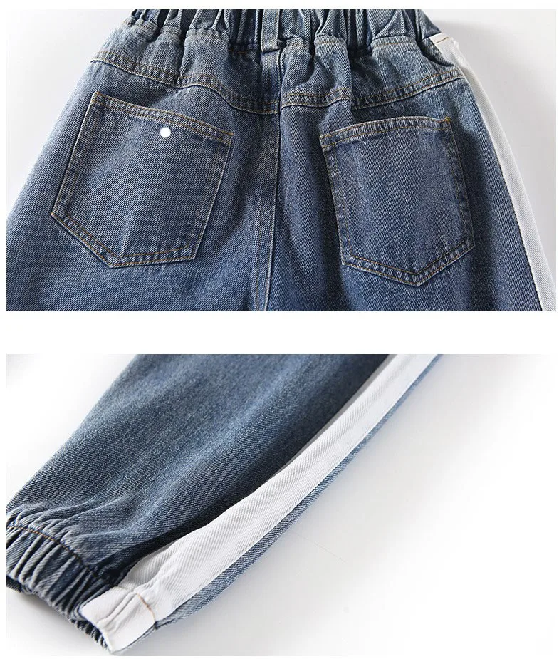 Детская одежда джинсы для девочек коллекция года, новые модные длинные штаны с буквенным принтом, повседневный свободного кроя с вышивкой для детей от 4 до 12 лет