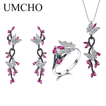 

UMCHO 925 Sterling Silver Butterfly Jewelry Set Romantic Ruby Black Spinel Gemstone Rings Pendant Drop Earrings For Women Gift