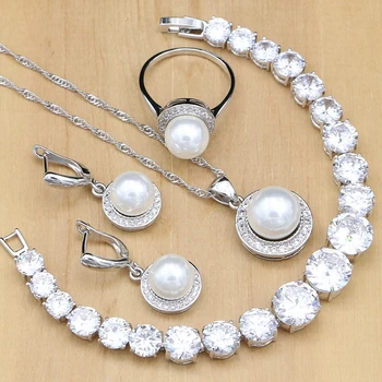 

Silver 925 Bridal Jewelry Sets Round Pearls Beads White Zircon Bracelet For Women Wedding Earrings/Pendant/Necklace/Ring