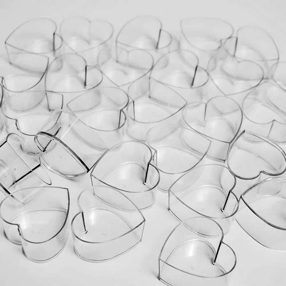 60 X New Poly carbonate Tealight Cups Heart shaped with Pre Wax wick holders 