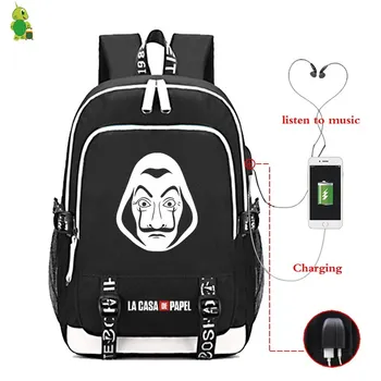 

La Casa De Papel Backpack Bookbag Mochila Mujer USB Charge Laptop Backpack Travel Back Pack Men School Bags for Teenage Girls
