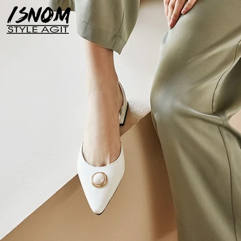

ISNOM 2020 Women's Sandals Genuine Leather Slingback Sandals Woman Shoes Mules Low Heels Summer Shoes Pointed toe Ladies Sandals