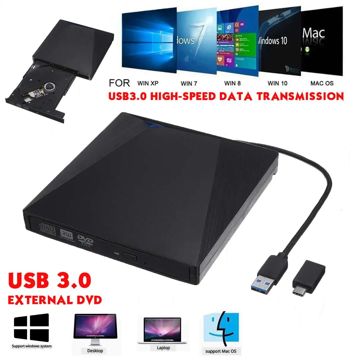 Внешний оптический привод USB3.0 DVD горелка RW CD записывающее устройство тонкий для